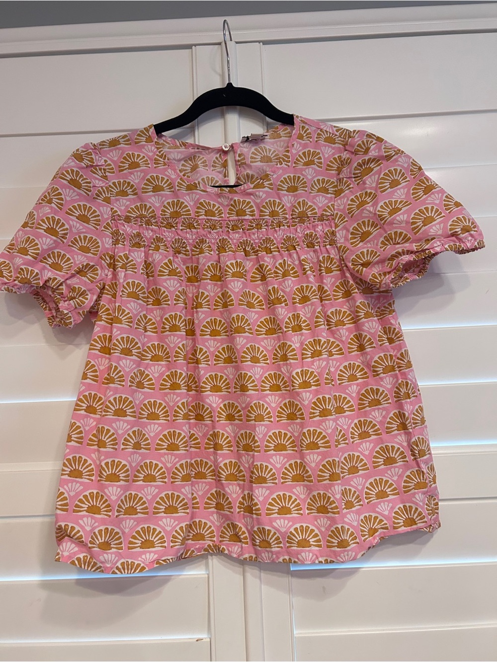 J. Crew Pink Top with Gold Fan Print and Smocked Yoke